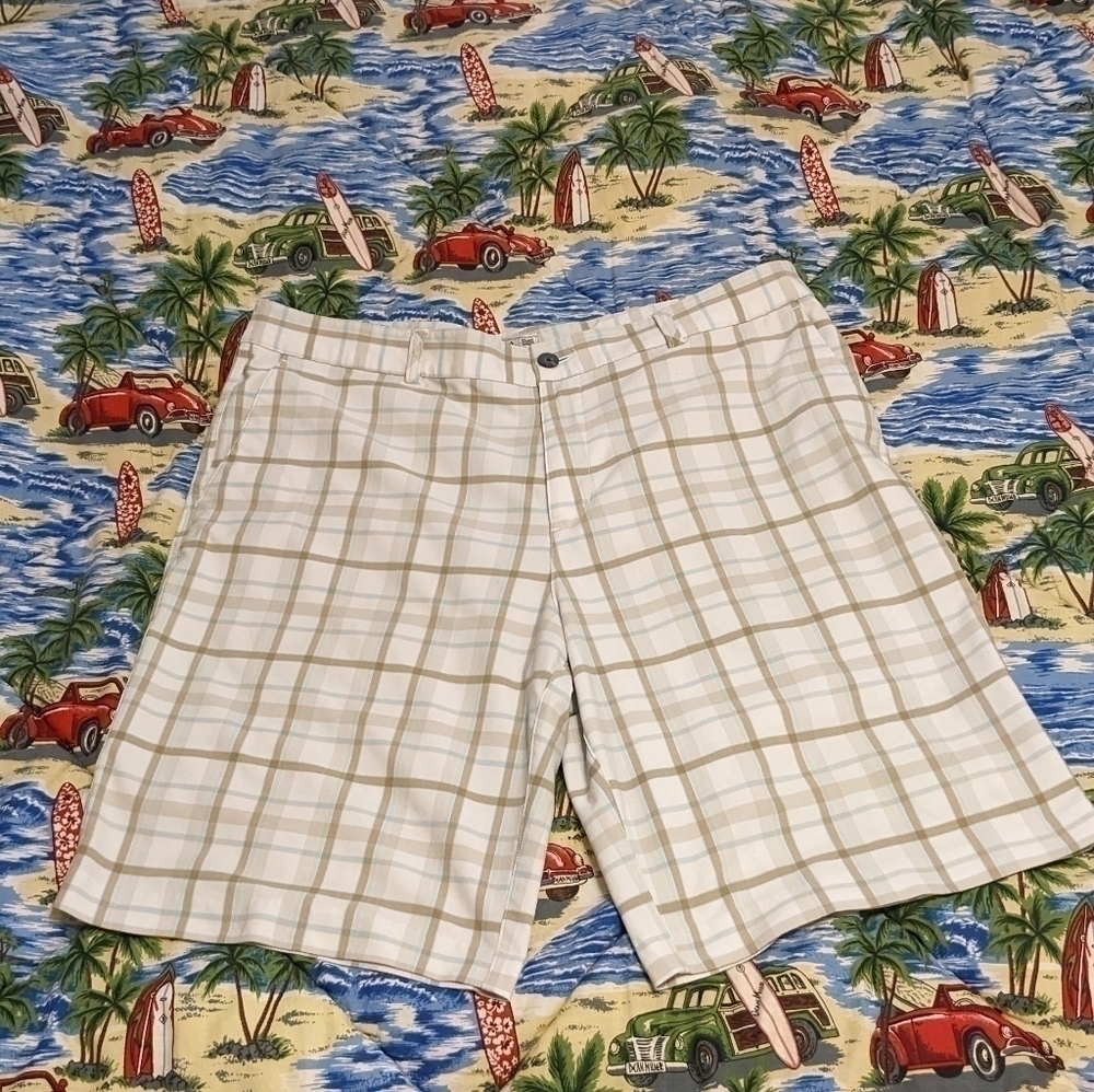 Adidas plaid flat front shorts size 38